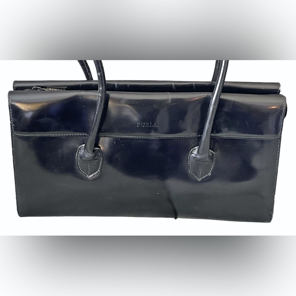 ❌SOLD ❌Vintage Furla Black Patent Leather Shoulder Bag 3 Compartments - Picture 5 of 17